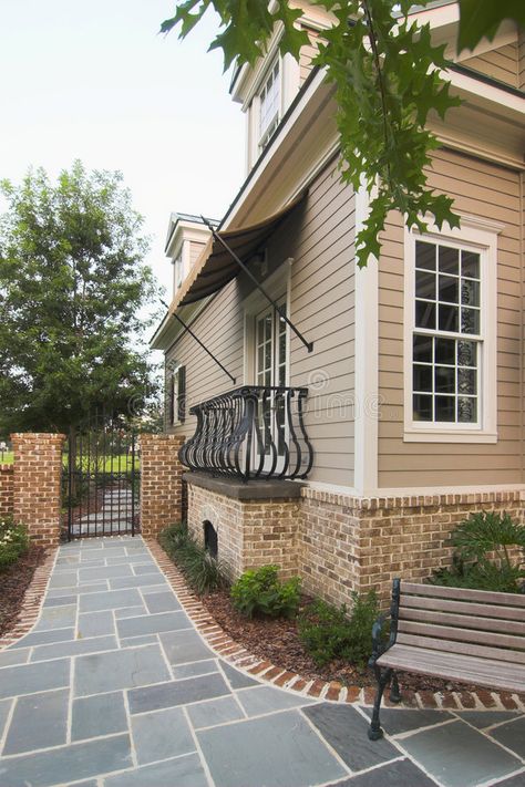 Fenced Patio, Sidewalk Ideas, Brick Sidewalk, Brick Border, Wood Walkway, Slate Patio, Metal Railing, Garden Pathways, Luxury Homes Exterior