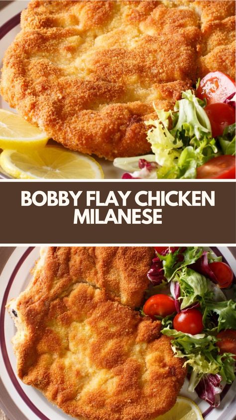 Bobby Flay’s Chicken Milanese is made of breaded and fried chicken breasts seasoned with salt, pepper, and Parmesan cheese. It serves 6 and takes about 30-40 minutes to prepare and cook. Serve with lemon wedges for a zesty finish. Bobby Flay Chicken Milanese, Milanese Chicken Recipes, Belvita Soft Baked Recipe, Milanese Chicken, Chicken Milanese Recipe, Milanese Recipe, Bobby Flay Recipes, Chicken Cutlet Recipes, Breaded Chicken Recipes