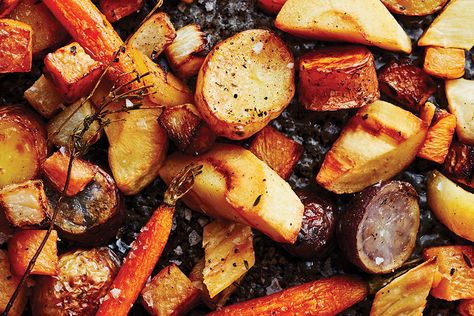 Honey and Herb Roasted Root Vegetables Sheet Pans, Champagne Vinegar, Celery Root, Pure Honey, Roasted Root Vegetables, Functional Food, Flaky Salt, Baby Potatoes, Honey Jar