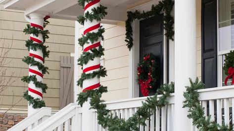 Christmas Pillars Decorating Ideas, How To Decorate Front Porch Pillars For Christmas, How To Decorate Front Porch Posts For Christmas, Christmas Decor Columns Inside, Christmas Porch With Columns, How To Decorate Front Porch Poles For Christmas, Outside Pillar Christmas Decor, Decorate Pillars For Christmas, Christmas Decor For Pillars