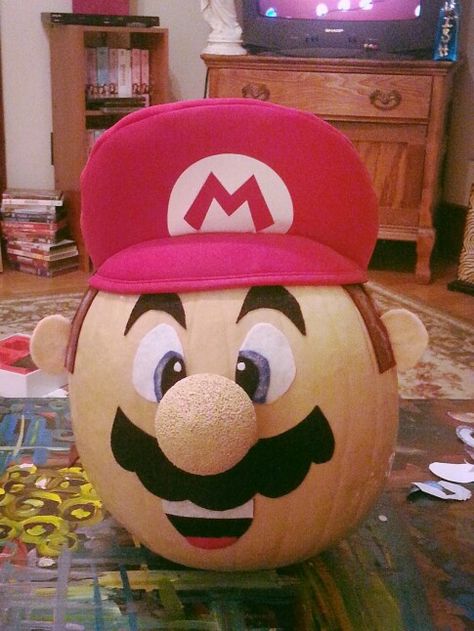 Mario pumpkin contest! Pumpkin Mario Bros, Mario Pumpkin Ideas, Mario Pumpkins Painted, Mario Brothers Pumpkin Painting, Video Game Pumpkin Painting, Pumpkin Painting Ideas Kindergarten, Pumpkin Decorating Contest Kindergarten, Bowser Pumpkin Painting, Mario Brothers Pumpkin