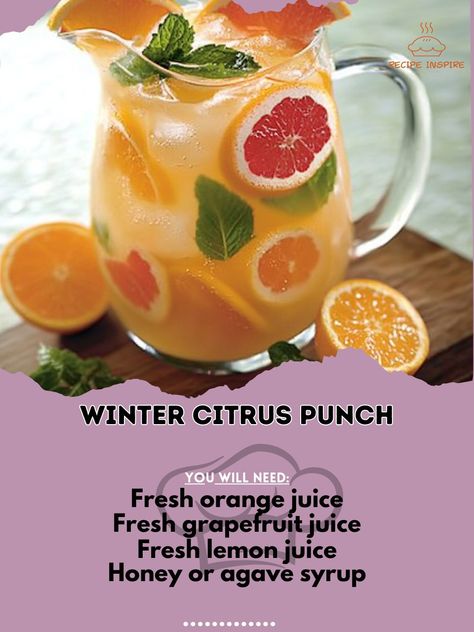 Warm up your winter gatherings with this refreshing and zesty Winter Citrus Punch! Perfect for cozy celebrations. **Winter Citrus Punch** **Ingredients:** - Fresh orange juice (2 cups) - Fresh grapefruit juice (1 cup) - Fresh lemon juice (1/2 cup) - Honey or agave syrup (1/4 cup, adjust to taste) - Sparkling water (4 cups) - Fresh mint leaves (a handful) - Sliced citrus fruits for garnish (1 orange, 1 lemon, 1 grapefruit) **Instructions:** 1. In a large pitcher, combine the fresh orange j... Citrus Punch, Fresh Orange Juice, Punch Drinks, Recipes Tutorials, Agave Syrup, Fresh Orange, Fresh Mint Leaves, Grapefruit Juice, Citrus Fruits