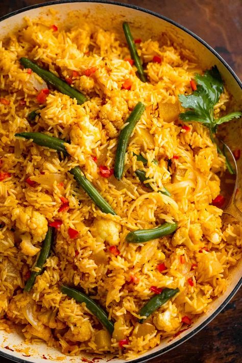 Homemade Vegetable Biryani Rice Recipe | Diethood Basmati Rice Dishes, Biryani Rice Recipe, Healthy Roasted Vegetables, Vegetable Biryani, Biryani Rice, Chicken Skewer Recipe, Veg Biryani, Seasoned Veggies, Filling Lunch