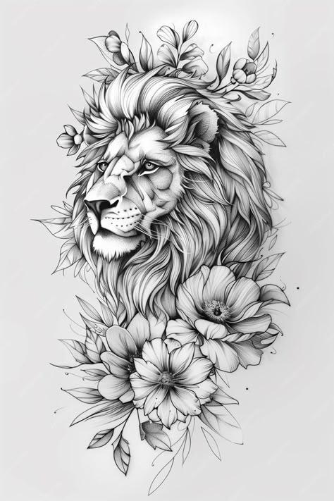 Lion With Flowers Drawing, Lion Flower Tattoo For Women, Different Flower Drawings, Lion And Flowers Tattoo Design, Lion Flower Tattoo, Lion Tattoo Drawing, Floral Animal Tattoo, Outlines Drawing, Lion Tattoo With Flowers