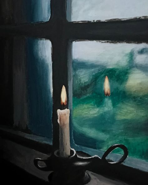 #gouache Candle In The Window Painting, Candle In The Window, Window Illustration, Window Candles, Window Cards, Painted Candles, Gloomy Day, Paint Strokes, Candle Light