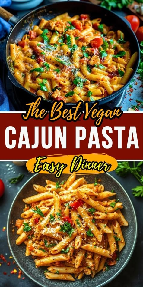 Spice up your dinner with this delicious vegan Cajun pasta recipe! Packed with bold flavors, creamy sauce, and plant-based ingredients, this easy-to-make dish is perfect for meatless meals or quick vegan dinners. Whether you're a fan of plant-based pasta or just love Cajun spice, this recipe is a must-try for a satisfying and flavorful meal! No Meat Supper Ideas, Cajun Pasta Vegetarian, Easy Meat Free Meals, Easy No Meat Meals, Easy Fast Vegetarian Dinner, Healthy No Meat Recipes, Vegan Light Dinner, 30 Minute Vegetarian Meals, Quick And Easy Meatless Dinner Recipes