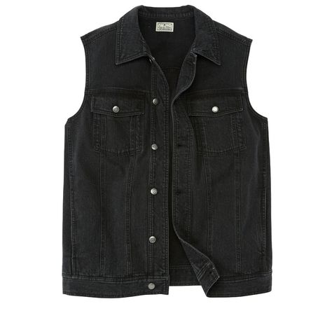 Layer on the denim! Our Liberty Blues™ Denim Vest is a classic—perfect for the outdoorsy guy. The vest has a classic collar, six metal shank buttons and seaming down the front, two button-through flap chest pockets and on seam pockets. Trust Liberty Blues for comfort, durability, and tried-and-true denim. Size: tall - 3xl. Color: black denim. Gender: male. Age Group: adult. Pattern: Solid. Material: Cotton. Black Denim Vest, Sleeveless Jean Jackets, Liberty Blue, Denim Vests, Jean Vest, Big Clothes, Blue Denim Jacket, Big And Tall Outfits, Black Denim Jacket