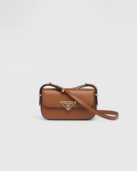 Cognac Leather Shoulder Bag | PRADA Prada Shoulder Bag, Leather Accessory, Prada Leather, Prada Crossbody, Triangle Logo, Prada Crossbody Bag, Metal Hardware, Nappa Leather, Prada Bag