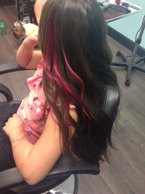 Small Streaks Of Color In Hair, Pink Hair Strands Brunette, Strip Highlight Hair, Hair Stripes Color, One Strand Hair Dye, Dark Pink Streaks In Brown Hair, One Strand Dyed Hair, 2 Strands Of Hair Dyed, Colored Stripes In Hair