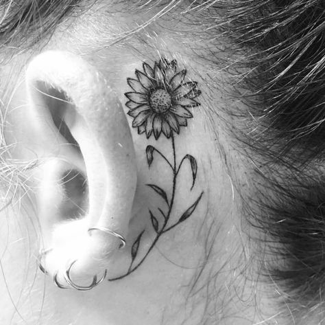 Small Sunflower Tattoos, Behind The Ear Tattoo Ideas, Sunflower Tattoo Shoulder, Behind Ear Tattoos, Tattoo Behind Ear, Behind The Ear Tattoo, Ear Tattoo Ideas, Buddha Tattoos, Small Sunflower