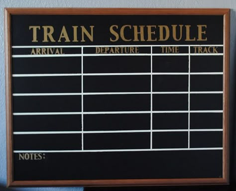 train bedroom decor | Train Bedroom~~Vintage Inspired Train Schedule} Diy Train Station Ticket Booth, Train Decorations Diy, Train Bedroom Decor, Train Vbs, Rocky Railway Vbs, Train Bedroom, Polar Express Christmas Party, Polar Express Christmas, Schedule Board