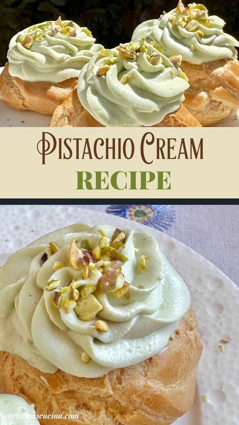 Pistachio cream is dreamy, pastry cream filling flavored with pistachio. Use it for zeppole di San Giuseppe, donuts, in meringues and more. Pistachio Cruffin Recipe, Pistachio Cannoli Filling, Pistachio Pastry Cream Recipe, Pistachio Creme Patisserie, Pistachio Creme Recipes, Pistachio Puff Pastry Dessert, Pistachio Whipped Cream, Pistachio Cream Filling, Vegan Pistachio Cream