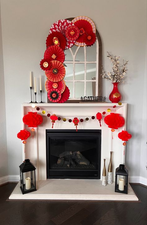 Lunar New Year Home Decorations New Lunar Year, Chinese Cherry Blossom, Luna New Year, Lunar New Year Party, Chinese New Year Decor, Vietnamese New Year, Mantle Decorations, Chinese New Years, New Year Diy