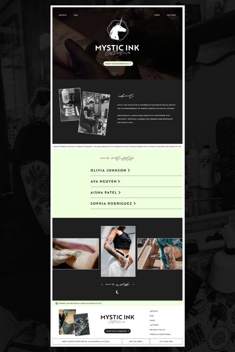 Homepage website design for a tattoo studio. Custom Showit website designed by Sarah Joy Street. 
Tattoo Website Design | Website Design Inspiration | Edgy Website Design Tattoo Website Design, Edgy Website Design, Logo Design Tattoo, Edgy Website, Website Design Modern, Street Custom, Tattoo Website, Sarah Joy, Street Tattoo