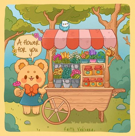 Flower Shop Doodle, Cute Flower Shop Drawing, Flower Shop Aesthetic Drawing, Flower Shop Illustration, Kawaii Oc, Faith Varvara, Kawaii Cottagecore Art, Kawaii Garden Illustration, Lofi Aesthetic