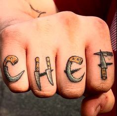 Chef tattoo                                                                                                                                                                                 Más Chef Tattoo Ideas, Cooking Tattoo, Culinary Tattoos, Chef Tattoo, Cupcake Tattoos, Nice Tattoos, Food Tattoos, Knife Tattoo, Finger Tattoos