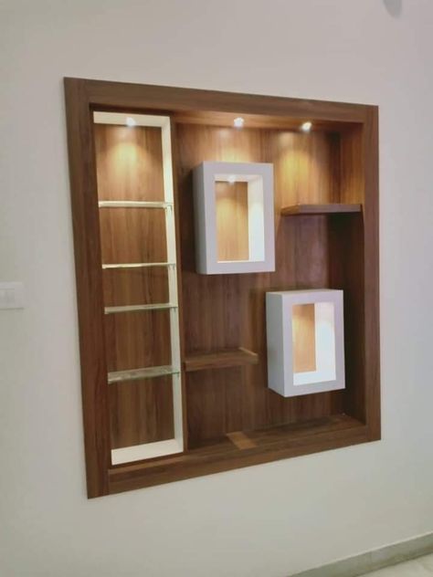 Its beautiful showcase design brown snd white combination Showcase Designs For Hall, Wall Showcase Design, Wooden Panel Design, Wooden Shelf Design, Showcase Designs, Modern Room Design, Crockery Unit Design, Crockery Unit, Tv Unit Interior Design