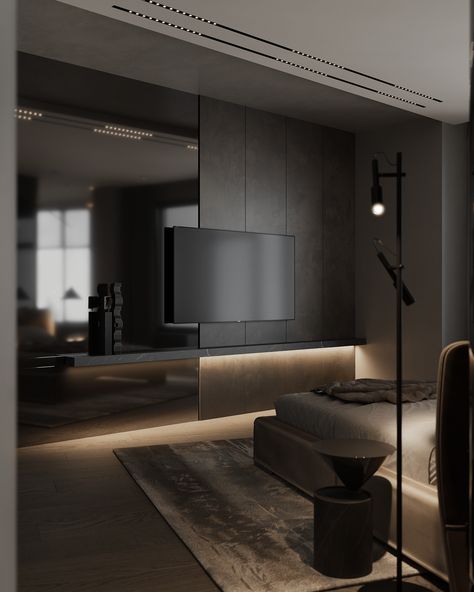 Tv Feature Wall, Dark Interior Design, Ruang Tv, Bedroom Tv Wall, Design Hall, Dark Living Rooms, Modern Tv Wall, Dark Modern, Black Interior Design