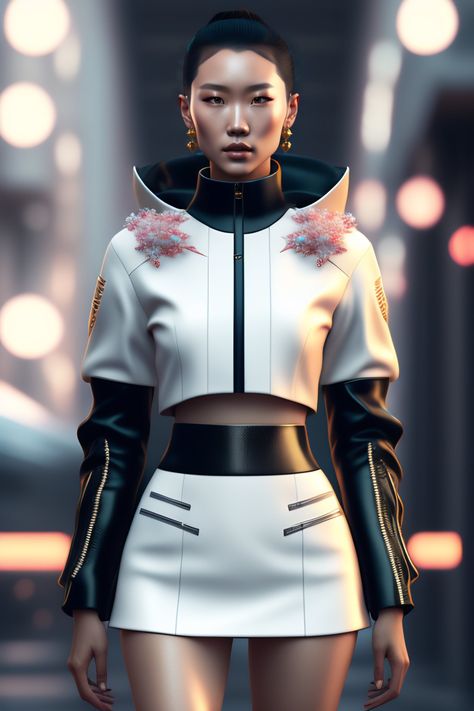 Digital Art Cyberpunk, Mongolian Girl, Detailed Digital Art, Rendered Art, White Futuristic, Minimal Fashion Style, Long Leather Skirt, Art Cyberpunk, Sports Wear Fashion