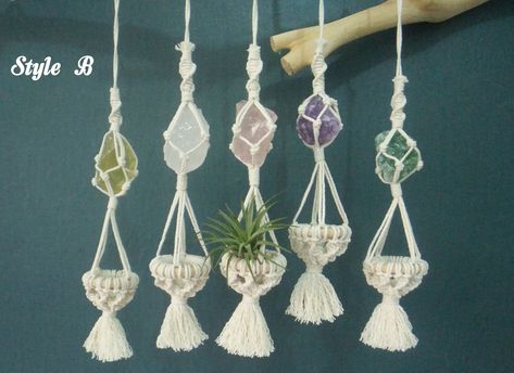 Macrame Crystal Hanger, Macrame Crystal Holder, Macrame Air Plant Holder, Car Mirror Hangers, Car Mirror Charm, Crystal Holder, Diy Macrame Plant Hanger, Car Charms Mirror, Rear View Mirror Decor