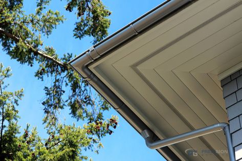 A fabulous home made even better with the addition of a Lindab Rainline Gutter System. Gutter Drainage, Gutters And Downspouts, Gutter Accessories, Fascia Board, Roof Overhang, How To Install Gutters, Surrey Bc, West Vancouver, Rain Gutters