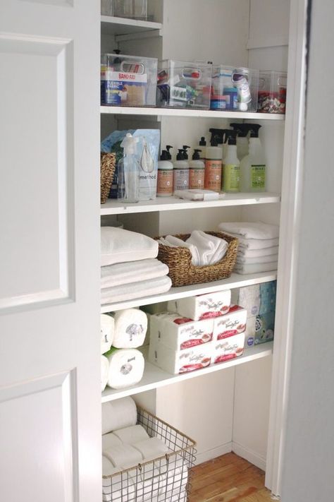 My Organized Overflow Closet + FREE Grove Products! Organization For Hall Closet, Bathroom Closet Organization Ideas, Organized Apartment, Closet Organization Solutions, Cleaning Closet Organization, Diy Bathroom Storage Ideas, Organiser Son Dressing, Simply Organized, Bathroom Closet Organization