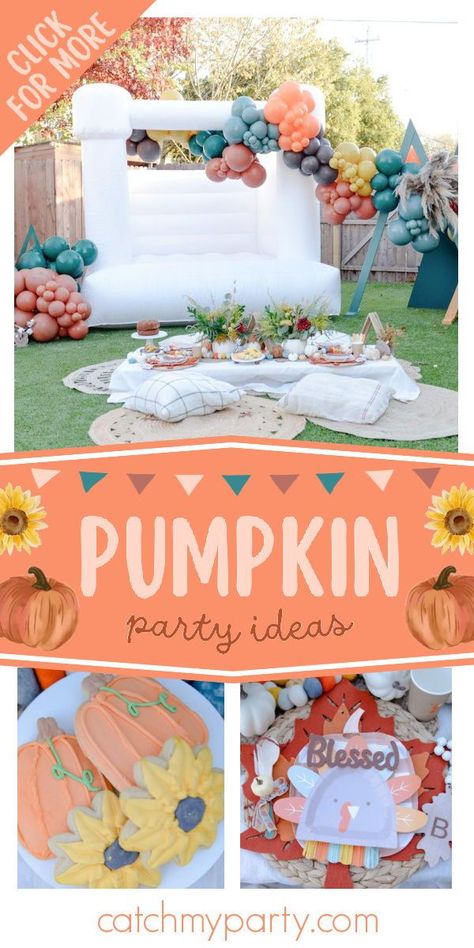 Check out this fun fall pumpkin-themed Thanksgiving party! The cookies are amazing! See more party ideas and share yours at CatchMyParty.com Harvest Theme, Fall Parties, Thanksgiving Cakes, Garden Cakes, Pumpkin Thanksgiving, Birthday Party Activities, Pumpkin Party, Thanksgiving Party, Thanksgiving Parties