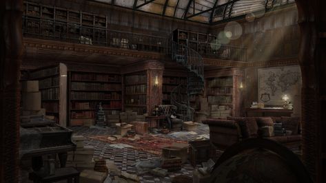 ArtStation - Library, Gabriela Novotna Abandoned Library Aesthetic, Library Artwork, Dark Cottagecore House, In Home Library, Nyc Library, Abandoned Library, Gothic Library, Victorian Library, Ancient Library