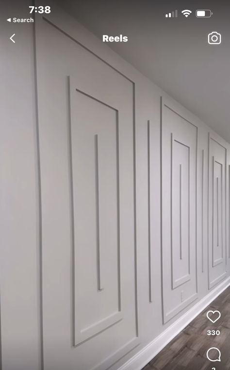 Luxurious Accent Wall, Wall With Trim In Middle, Long Hallway Accent Wall, Diagonal Wainscoting, Board And Batten Ideas Accent Wall, Hallway Accent Wall, Slats Wall, Flex Room Ideas, Custom Wall Design