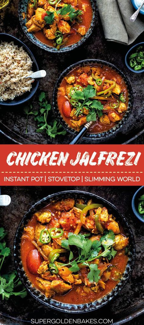 Chicken jalfrezi in your Instant Pot - delicious, easy and Slimming World friendly #curry #InstantPot #chicken #supergoldenbakes #slimmingworld Dinner Comfort Foods, Comfort Foods Healthy, Chicken Jalfrezi Recipe, Chicken Jalfrezi, Chicken Recipes For Dinner, New Chicken Recipes, Foods Healthy, Favorite Recipes Chicken, Instant Pot Dinner Recipes