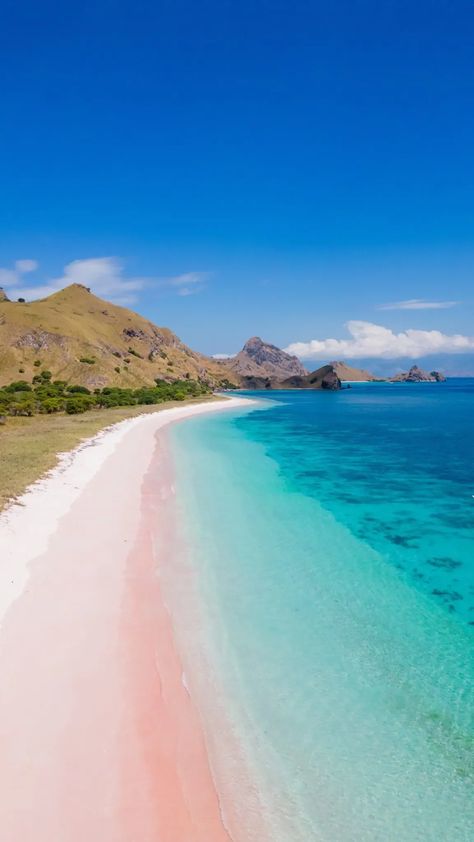 Swim in the gorgeous turquoise waters of a Pink Sand Beach in Indonesia. An out-of-this-world experience that you will not forget. The stunning nature of Indonesia cannot be beat. #travelindonesia #pinkbeach #dronephotography #travelphotography #naturephotography #christmasdestination #winterbucketlist #christmasbucketlist Pantai Pink Lombok, Pantai Pink, Komodo Dragons, Island Princess, Christmas Destinations, Pink Sand Beach, Winter Bucket List, Collection Ideas, Stunning Nature