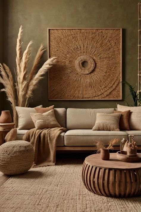 Cozy boho living room with a neutral-toned sofa, woven wall art, pampas grass, and wooden coffee table Pampas Grass Wall, Cozy Boho Living Room, Grass Wall, Cozy Boho, Boho Living Room Decor, Woven Wall Art, Boho Living, Boho Living Room, Living Room Inspo