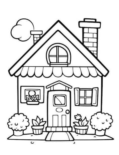 House Coloring Pages For Kids, House Drawing For Kids, House Coloring Pages, House Doodle, Painted Houses, Owl Sewing, Buffalo Plaid Christmas Decor, House Cartoon, Adults Coloring