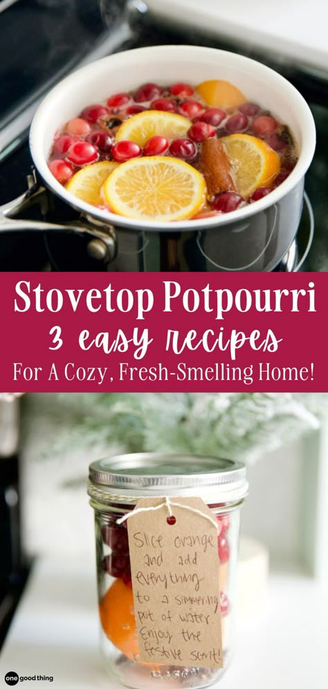 stovetop potpourri in a pan above a jar of the potpourri mixture text overlay between the images reads stovetop potpourri 3 easy recipes for a cozy fresh smelling home Best Christmas Stovetop Potpourri, Stove Pot Potpourri, Simple Stovetop Potpourri, Pot Pourri Recipes Christmas, Easy Potpourri Recipes, How To Dry Fruit For Simmer Pots, Holiday Stovetop Simmer, Pot Simmer Recipes House Smells, How To Make A Simmer Pot