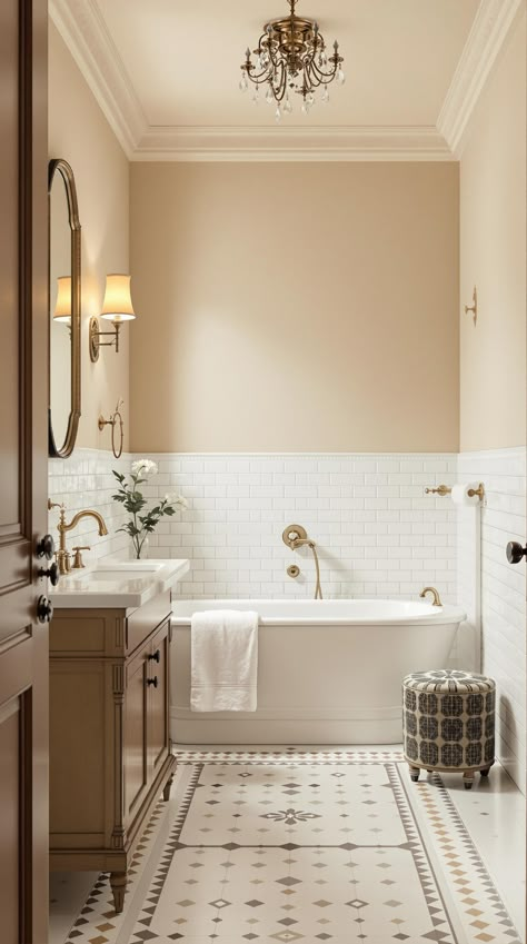 Neutral Bathroom Decor Ideas Fawn Beige Bathroom, Pale Bathroom Ideas, Cream And White Tile Bathroom, Neutral Bathroom Tiles Ideas, Cream Walls Bathroom, Bathroom With Cream Cabinets, Contemporary Traditional Bathroom, Beige Tile Bathroom Color Schemes Colour Palettes, Beige Bathroom Makeover