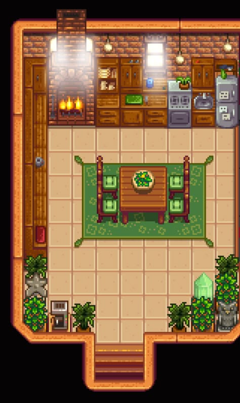 Stardew Living Room Ideas, Stardew Valley Kitchen, Stardew House, Stardew Valley House, Patio Oasis Ideas, Stardew Ideas, Stardew Farm, Valley Kitchen, Stardew Farms