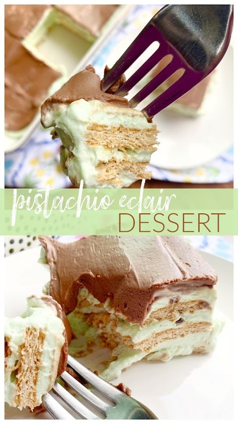 Pistachio Eclair Dessert, Pistachio Eclair, Eclairs Recipe, Eclair Dessert, Pistachio Dessert Pudding, Eclairs Dessert, Simple Layers, Peanut Butter Oat Bars, Icebox Cakes