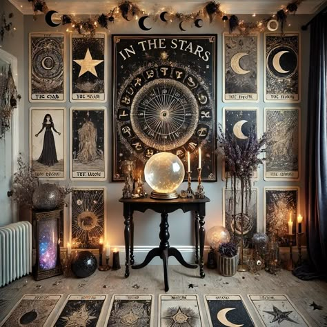 Fortune Teller Aesthetic Room, Mystic Home Decor, Tarot Office Decor, Tarot Themed Room, Witchy Backdrop, Tarot Reading Room Ideas, Tarot Room Aesthetic, Tarot Room Decor, Witch Aesthetic Room