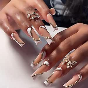 White And Gold French Tip Nails, French Tip Acrylics, Pink Coffin, Manicure Art, Nails Glossy, Gel Glue, White French Tip, Nagel Tips, Manicure Tips