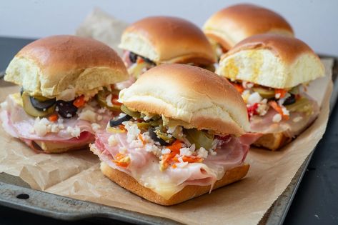 Mini Muffaletta, Muffaletta Sandwich, Muffuletta Sandwich, Creole Mustard, Appetizer Sandwiches, Spicy Brown Mustard, Olive Relish, Beans And Rice, Hot Pepper Sauce