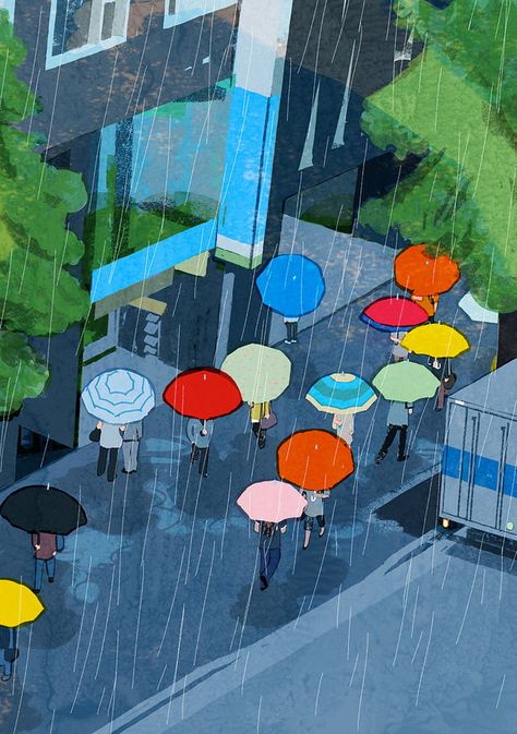 Tatsuro Kiuchi, Rain Illustration, Art Deco Design Graphics, Umbrella Illustration, Japan Railway, Naive Illustration, World Map Art, Rain Rain, Diy Artwork