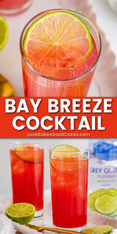 Bay Breeze Cocktail pin collage Easy Fruity Drinks, Easy Fruity Cocktails, Fruity Vodka Drinks, Bay Breeze Cocktail, Vodka Drinks Easy, Easy Party Drinks, Fun Summer Drinks, Fun Drinks Alcohol, Bay Breeze