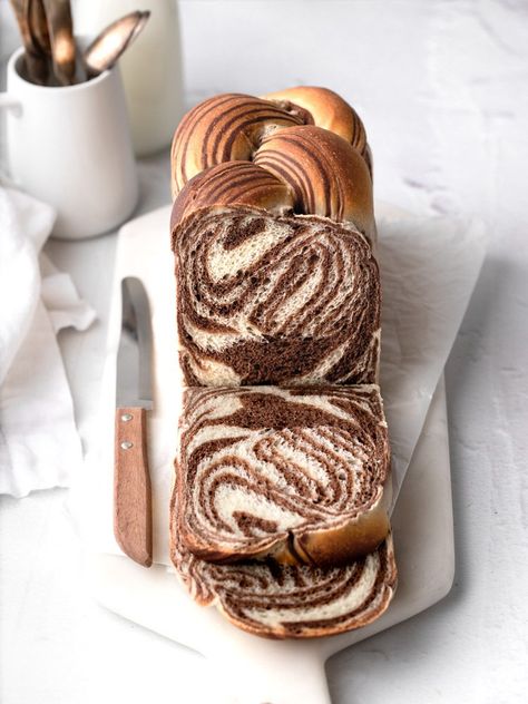 Chocolate Marble Milk Bread — thenerdiebaker Laminated Dough, Pullman Loaf Pan, Bread Cookbook, Marble Chocolate, Chocolate Roll, Swirled Bread, Milk Bread, Dough Ingredients, Chocolate Bread