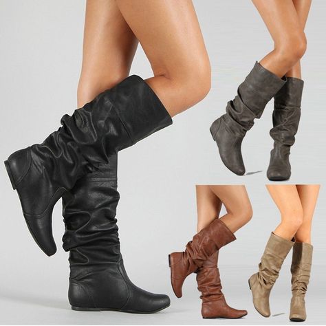 Fashion Womens Winter Casual Solid Flat Pointed Toe Knee High Boots Shoes Knee High Boots Flat, Slouch Boots, Cute Flats, Boots Casual, Rounded Toe Boots, Leather Boots Women, High Leg Boots, Long Boots, Winter Shoes