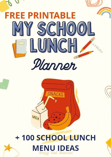 School Lunch Planner Free Printable, Weekly School Lunch Planner, School Lunch Calendar, Grocery List For School Lunches, School Lunch Menu Calendar, Lunch Ideas List, Lunch Planner Printable, Lunch Chart, School Lunch Planner