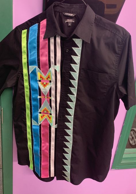 My nephews Ribbon Shirt I created for his Grad ❤️ Beading Sewing, Shirt Skirt Outfit, Native Fashion, Ribbon Shirts, Jingle Dress, Native Beading, Ribbon Skirt, Native Beading Patterns, Native American Clothing