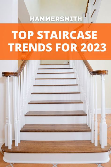 Hamptons style staircase with text overlay reading: top staircase trends for 2023 Modern Stairs Ideas, Stairs Remodeling, Staircase Remodel Diy, Stairs Decor Ideas, Stairs Storage Ideas, Staircase Decoration, Diy Staircase Makeover, Balustrade Design, Stairs Decor