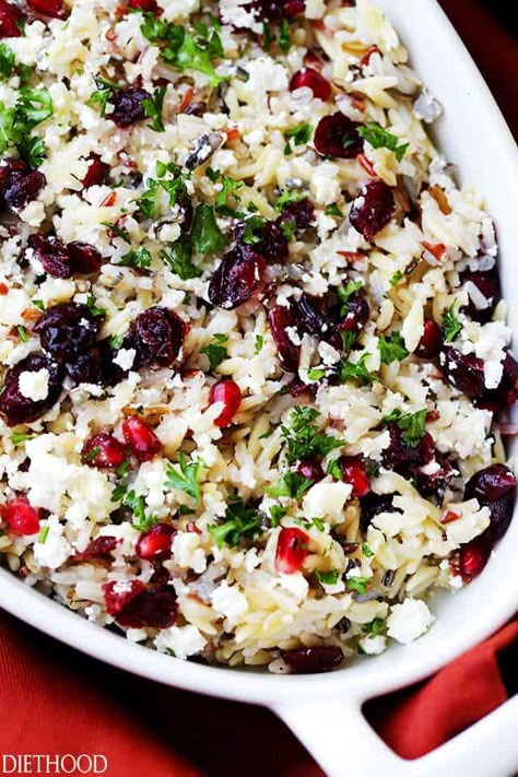 Orzo Pasta Salad with Feta Cheese and Cranberry Pomegranate Vinaigrette Recipe | Diethood Pasta Salad With Feta Cheese, Orzo Salad With Feta, Pasta Salad With Feta, Orzo Pasta Salad Recipe, Pasta Tiktok, Cheesy Orzo, Winter Flavors, Christmas Pasta, Orzo Pasta Recipes