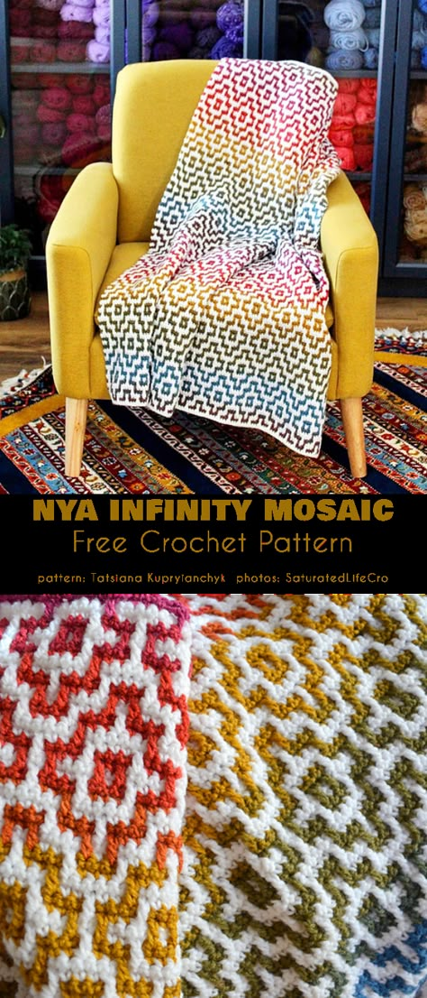 Nya Infinity Mosaic in Rainbow Crochet Cushion Covers, Mosaic Blanket, Crochet Cushion Pattern, Rainbow Mosaic, Crochet Cushion, Crochet Cushion Cover, Mosaic Crochet, Crochet Blanket Afghan, Crochet Patterns Free Blanket