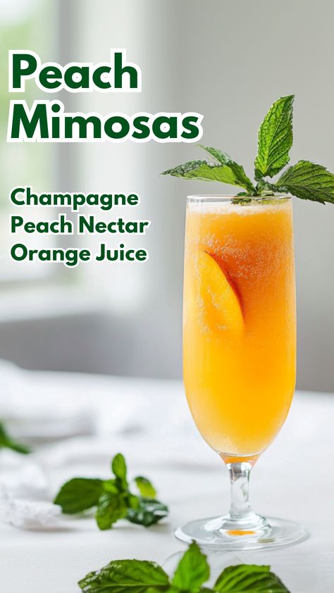 Peach Mimosa Recipe, Mimosa Recipe Champagne, Prosecco And Orange Juice, Peach Mimosa, Orange Juice Cocktails, Christmas Cocktails Easy, Breakfast Cocktails, Peach Cocktail, Peach Drinks